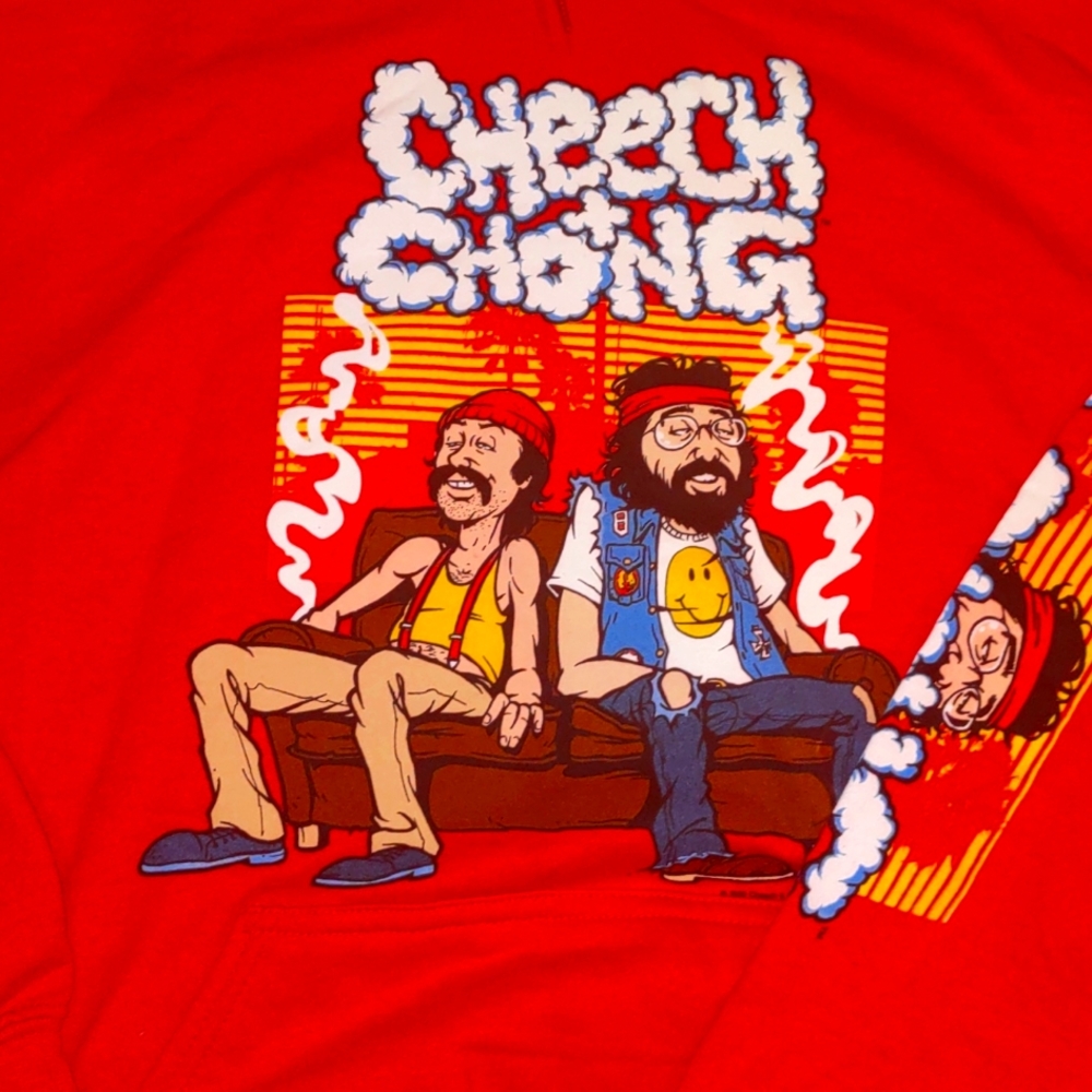 🎉🎉🎉CHEECH &CHONG RED HOODIE SZ. L NWOT. Sample not in stores SO UNIQUE 🥸🤓🤓